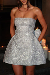 Glittering Bow Decor Tube A - Line Party Mini Dresses - Silver